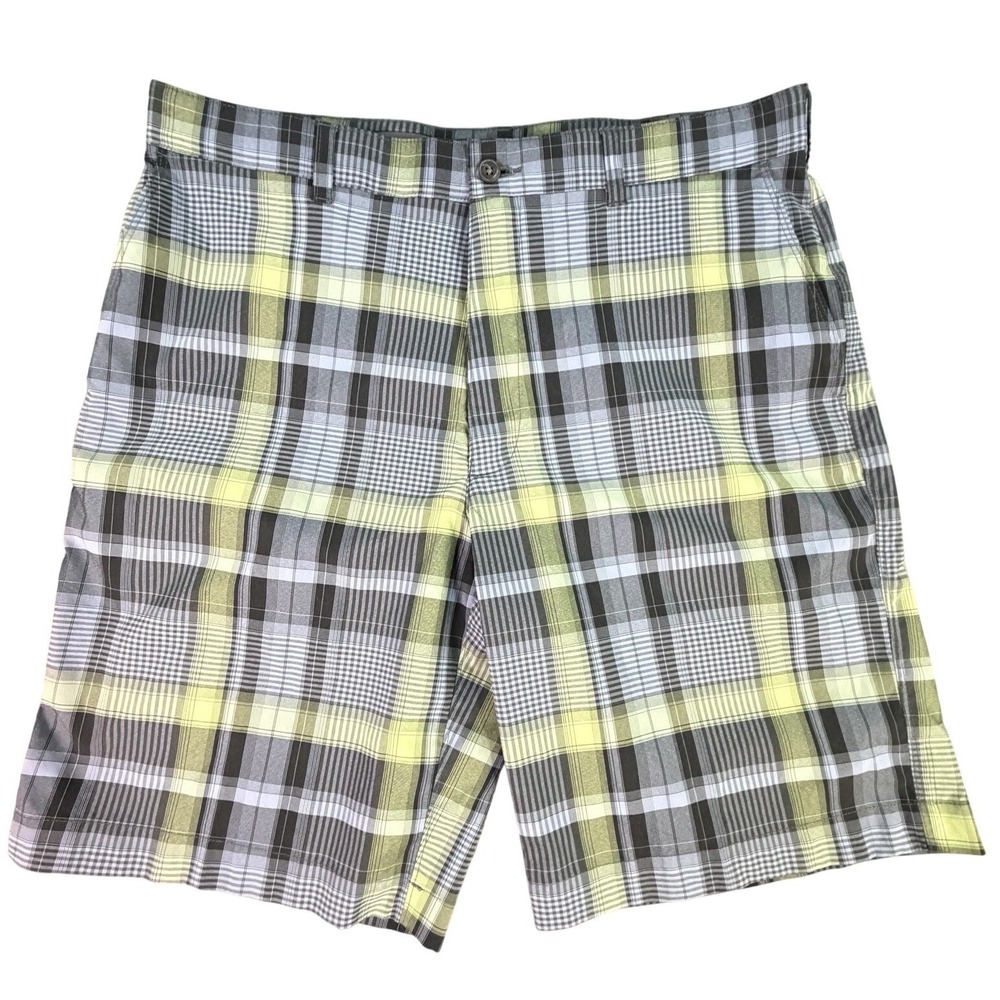 PGA‎ TOUR Mens Plaid Golf Shorts Yellow Gray Blue Flat Front Size 36